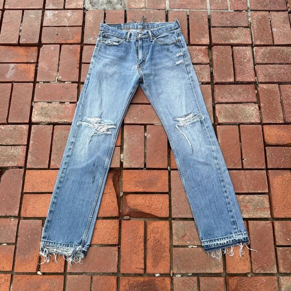 Levi’s 505 Distressed Blue Jeans W31 L34 Raw Hem Snakeskin Patch Vintage Style - Picture 2 of 6